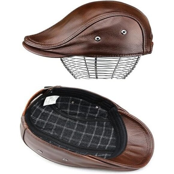 Men Brown Leather Newsboy Cap Adjustable Ivy Flat Hat - Picture 2 of 7